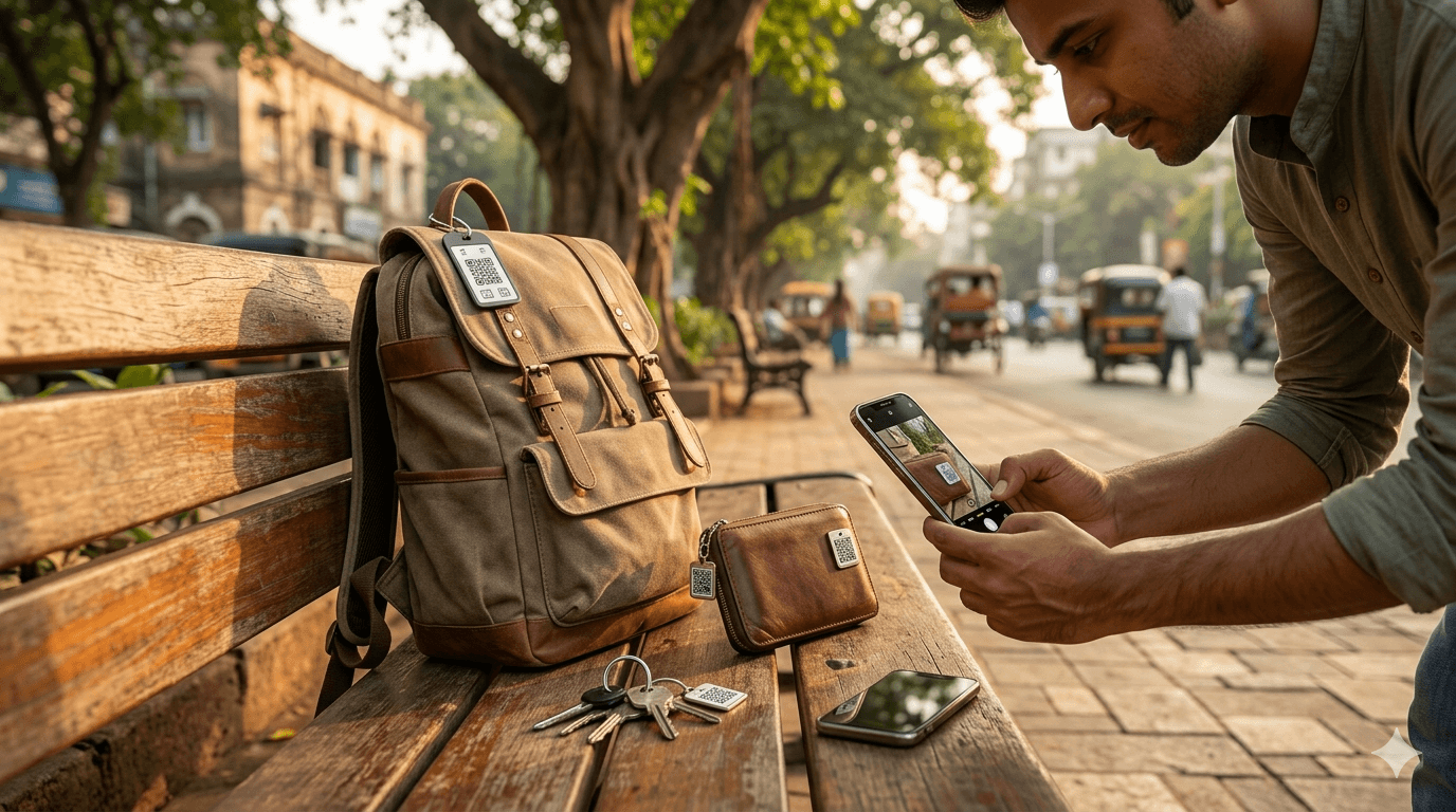 Backpack, wallet, and small QR tag—scan to contact the owner